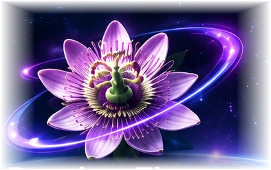 Purple passionflower with glowing technological rings
